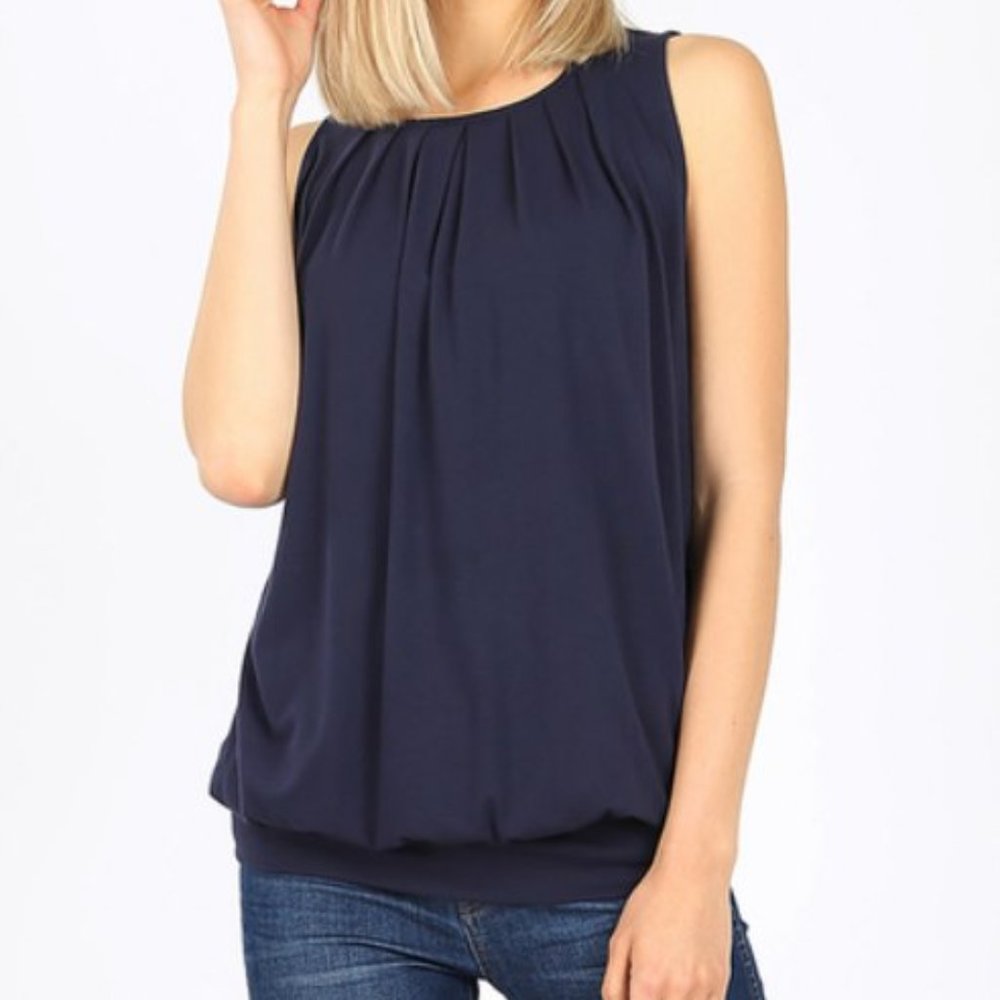 Navy Soft Pleated Sleeveless Top